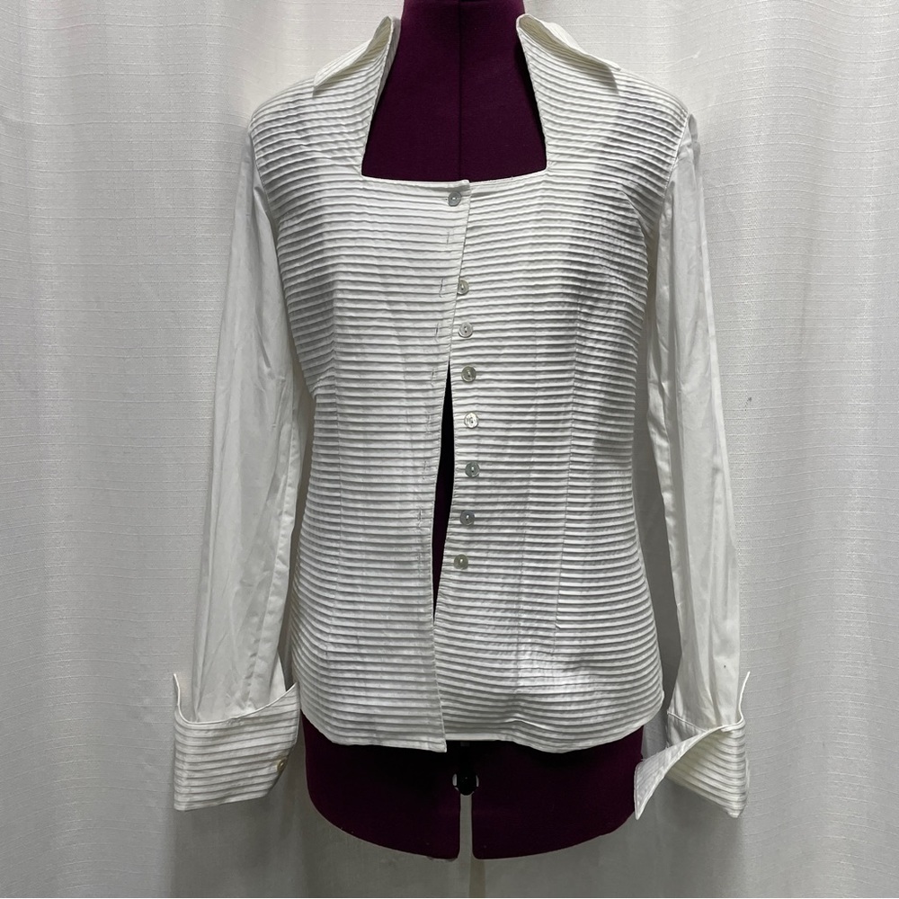 White stylish, unique button up coloured ribbed folds blouse, long sleeve